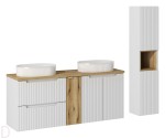 Szafka łazienkowa wisząca biała z blatem 140 cm i umywalkami oraz słupkiem, nova white
