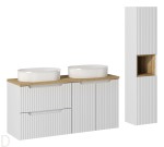 Szafka łazienkowa wisząca biała z blatem 120 cm i umywalkami oraz słupkiem, nova white
