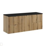 Szafka łazienkowa wisząca z koszem na pranie i blatem czarnym 140 cm Nova oak