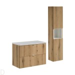 Szafka łazienkowa wisząca oak z blatem łazienkowym białym 80 cm i słupkiem Nova oak