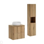 Szafka łazienkowa wisząca oak z blatem oak 60 cm,umywalką i słupkiem Nova oak