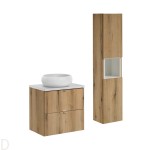Szafka łazienkowa wisząca oak z blatem białym 60 cm,umywalką i słupkiem Nova oak