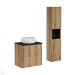 Szafka łazienkowa wisząca oak z blatem czarnym 60 cm,umywalką i słupkiem Nova oak