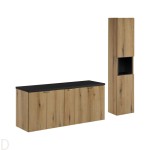 Szafka łazienkowa wisząca oak z blatem łazienkowym czarnym 140cm i słupkiem Nova oak