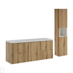 Szafka łazienkowa wisząca z koszem na pranie i blatem 140 cm oraz słupkiem Nova oak