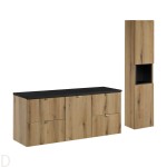 Szafka łazienkowa wisząca z koszem na pranie i blatem 140 cm oraz słupkiem Nova oak