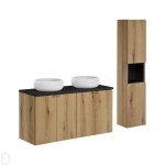 Szafka łazienkowa wisząca oak z blatem 120 cm ,umywalkami i słupkiem Nova oak