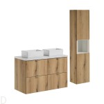 Szafka łazienkowa wisząca oak z blatem 100 cm i umywalkami i słupkiem Nova oak