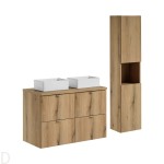 Szafka łazienkowa wisząca oak z blatem 100 cm i umywalkami i słupkiem Nova oak
