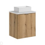 Szafka łazienkowa wisząca oak z blatem białym 50 cm i umywalką ,drzwi Nova oak