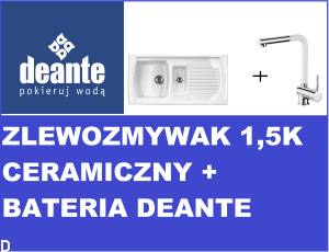 ZESTAW,ZLEW. LUSITANO CERAMICZNY BIAŁY 1,5K Z/O 1000x500x220, 3,5" / 2" + OSP+BATERIA ZLEWOZMYWAKOWA STOJĄCA Z PROSTOKĄTNĄ WYLEWKĄ, Z WYCIĄGANĄ SŁUCHAWKĄ DEANTE ASTER KOLOR BIAŁY BCAW730