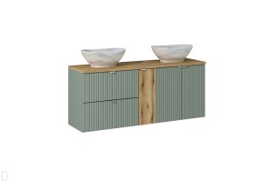 Szafka łazienkowa wisząca zielona z blatem łazienkowym 140 cm i umywalkami Line Green