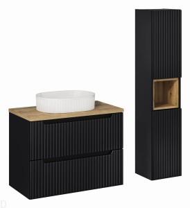 Szafka łazienkowa wisząca czarna z blatem 80 cm i umywalką+słupek Nova black