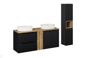 Szafka łazienkowa wisząca czarna z blatem 140 cm i umywalkami+słupek Nova black