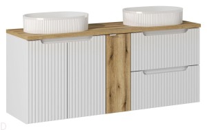 Szafka łazienkowa wisząca biała z blatem w kolorze oak 140 cm i umywalkami, nova white