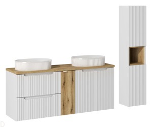 Szafka łazienkowa wisząca biała z blatem 140 cm i umywalkami oraz słupkiem, nova white