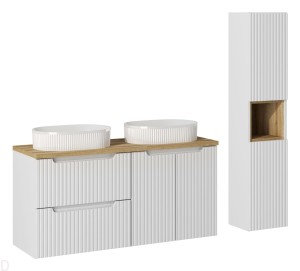 Szafka łazienkowa wisząca biała z blatem 120 cm i umywalkami oraz słupkiem, nova white