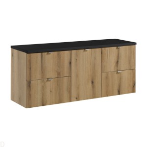 Szafka łazienkowa wisząca z koszem na pranie i blatem czarnym 140 cm Nova oak
