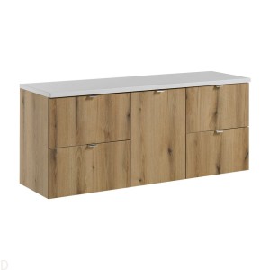 Szafka łazienkowa wisząca z koszem na pranie i blatem białym 140 cm Nova oak