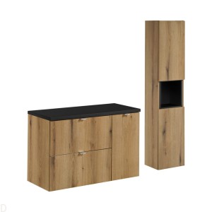 Szafka łazienkowa wisząca oak z blatem czarnym 90 cm,szuflady i słupkiem Nova oak