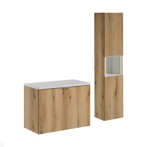 Szafka łazienkowa wisząca oak z blatem łazienkowym białym 80 cm i słupkiem Nova oak