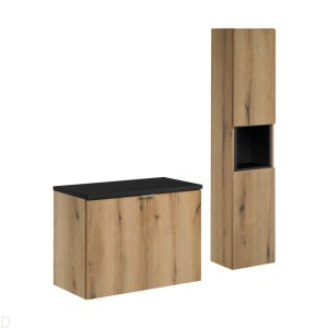 Szafka łazienkowa wisząca oak z blatem łazienkowym czarnym 80 cm i słupkiem Nova oak