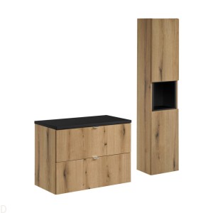 Szafka łazienkowa wisząca oak z blatem łazienkowym czarnym 80 cm i słupkiem Nova oak