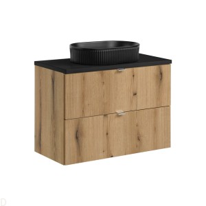 Szafka łazienkowa wisząca oak z blatem łazienkowym czarnym 80 cm i umywalką Nova oak)
