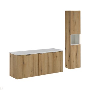 Szafka łazienkowa wisząca oak z blatem łazienkowym białym 140cm i słupkiem Nova oak