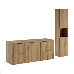 Szafka łazienkowa wisząca z koszem na pranie i blatem 140 cm oraz słupkiem Nova oak