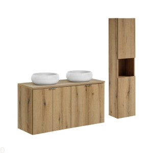 Szafka łazienkowa wisząca oak z blatem 120 cm ,umywalkami i słupkiem Nova oak