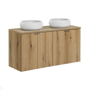 Szafka łazienkowa wisząca oak z blatem łazienkowym 120 cm i umywalkami Nova oak