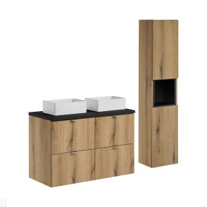 Szafka łazienkowa wisząca oak z blatem 100 cm i umywalkami i słupkiem Nova oak