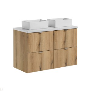 Szafka łazienkowa wisząca oak z blatem białym 100 cm i umywalkami,szuflady Nova oak