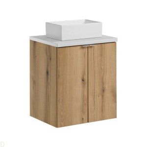 Szafka łazienkowa wisząca oak z blatem białym 50 cm i umywalką ,drzwi Nova oak