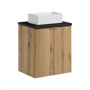 Szafka łazienkowa wisząca oak z blatem czarnym 50 cm i umywalką ,drzwi Nova oak