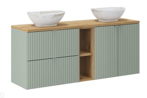 Szafka łazienkowa wisząca zielona z blatem łazienkowym 140 cm i umywalkami