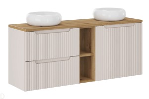 Szafka łazienkowa wisząca kaszmir z blatem w kolorze oak 140 cm umywalkami