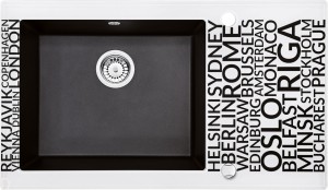 ZLEWOZMYWAK SZKLANO GRANITOWY 1 KOMOROWY Z OCIEKACZEM KRAWĘDŹ DIAMENT,SZKŁO Z GRAFICZNYM WZOREM Z NAZWAMI STOLIC I KOMORĄ GRANITOWĄ W KOLORZE GRAFITOWY METALIK ZC11
