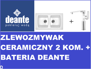 ZESTAW,ZLEW. LUSITANO CERAMICZNY BIAŁY 2K B/O 860x500x220, 3,5" + OSP+BATERIA ZLEWOZMYWAKOWA STOJĄCA BIAŁY CHROM Z PROSTOKĄTNĄ WYLEWKĄ GARDENIA BEGW630