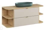 Szafka łazienkowa Dalia kaszmir 120cm z blatem + regały + zielona umywalka