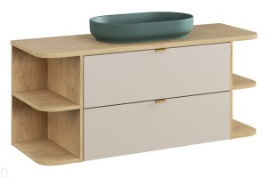 Szafka łazienkowa Dalia kaszmir 120cm z blatem + regały + zielona umywalka